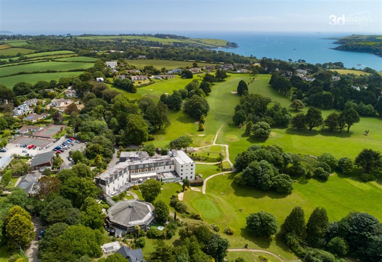 Aerial view of the hotels's stunning location by the Helford River