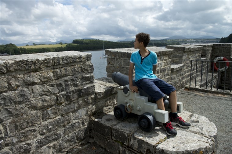 Boy looking out from the battlements at Plas Newydd Country House and Gardens, Anglesey, Wales.<span style='font-size:8px;'>®National Trust Images/John Millar</span>
